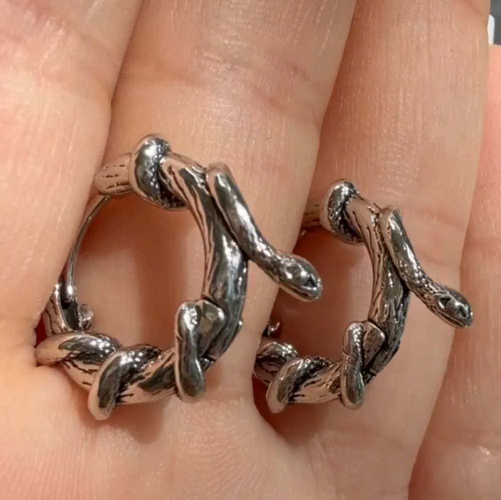 Vintage Halloween Gothic Silver Snake Hoop Earrings